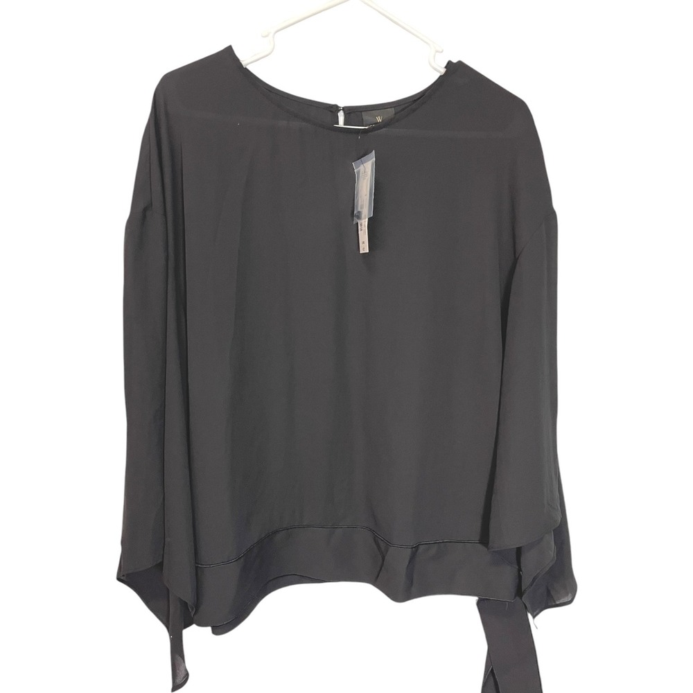 NEW Worthington Large Black Blouse Wide Bell Sleeve Sheer Goth Dark‎ Academia